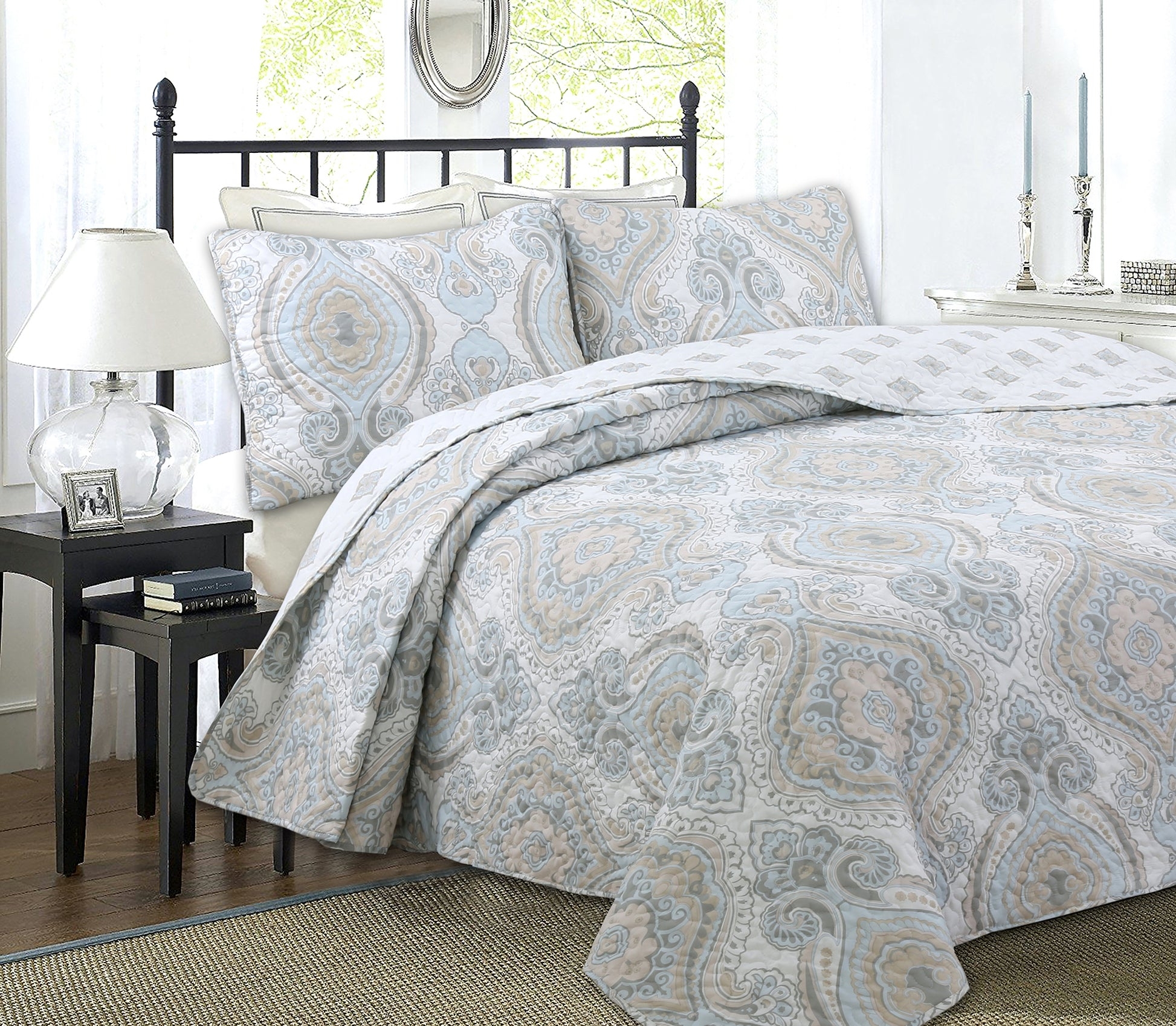 Quilt Bedding Set Sky Blue Medallion Brocade Quilt