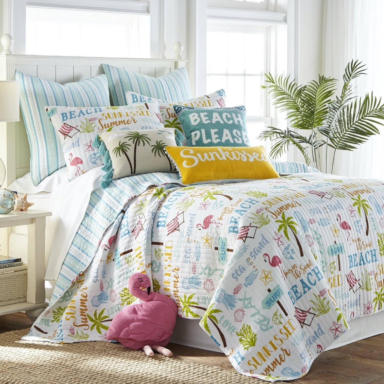 Quilt Set with Beach Typography: Flamingo Bedroom Decor Set