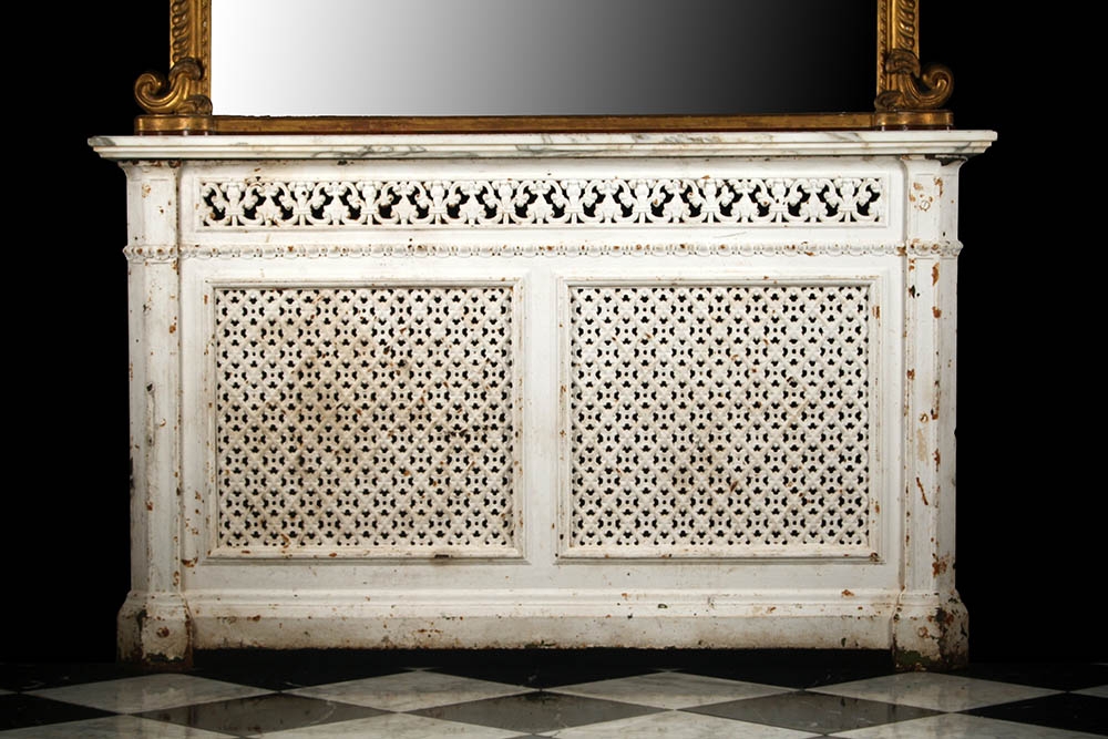 Radiator Cover Distressed Off-White Stone Top Fleur De Lis