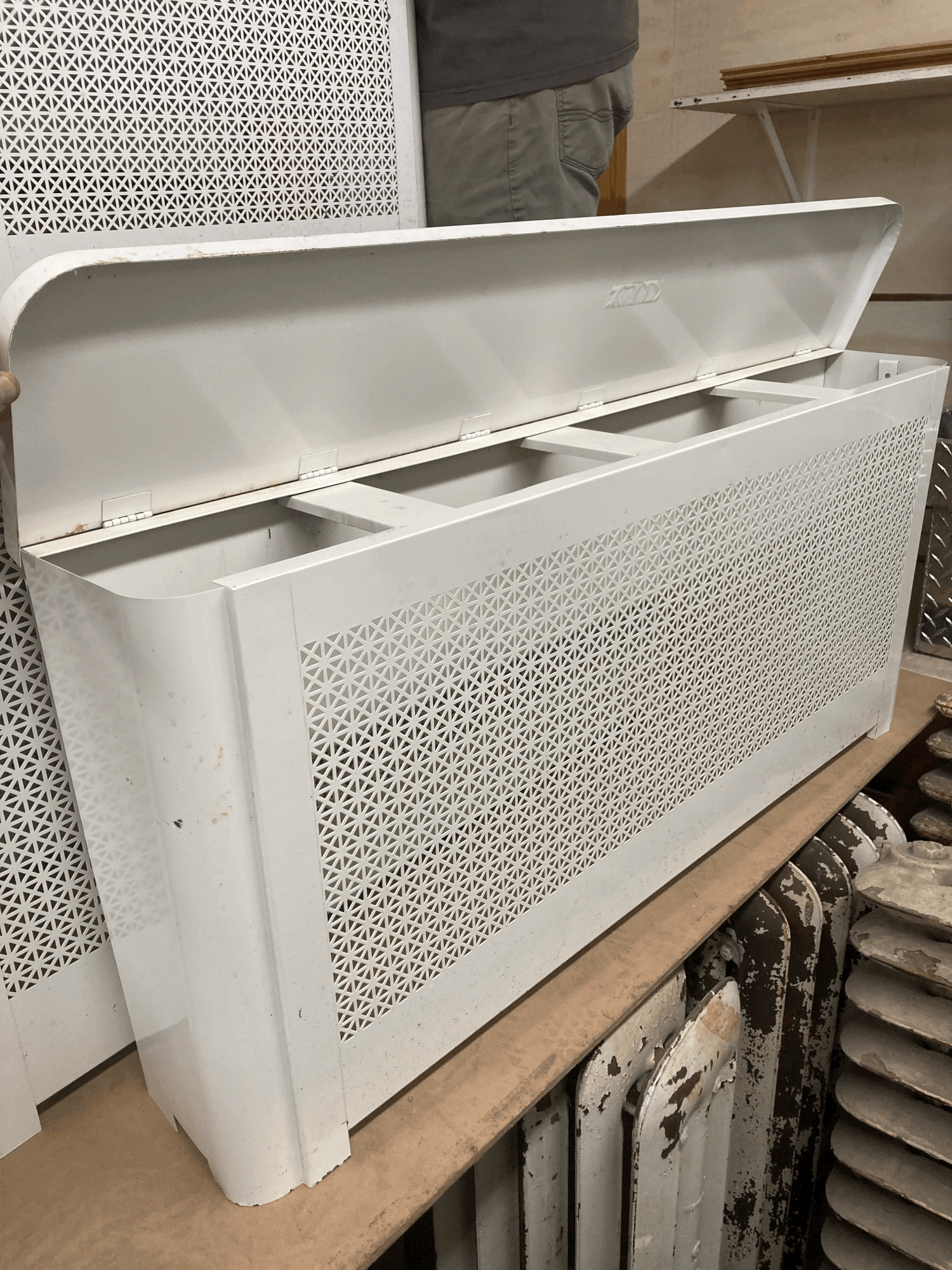 Radiator Cover White Metal Hinged Lid Geometric Perforation