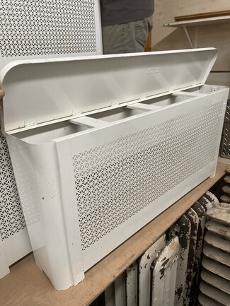 Radiator Cover White Metal Hinged Lid Geometric Perforation