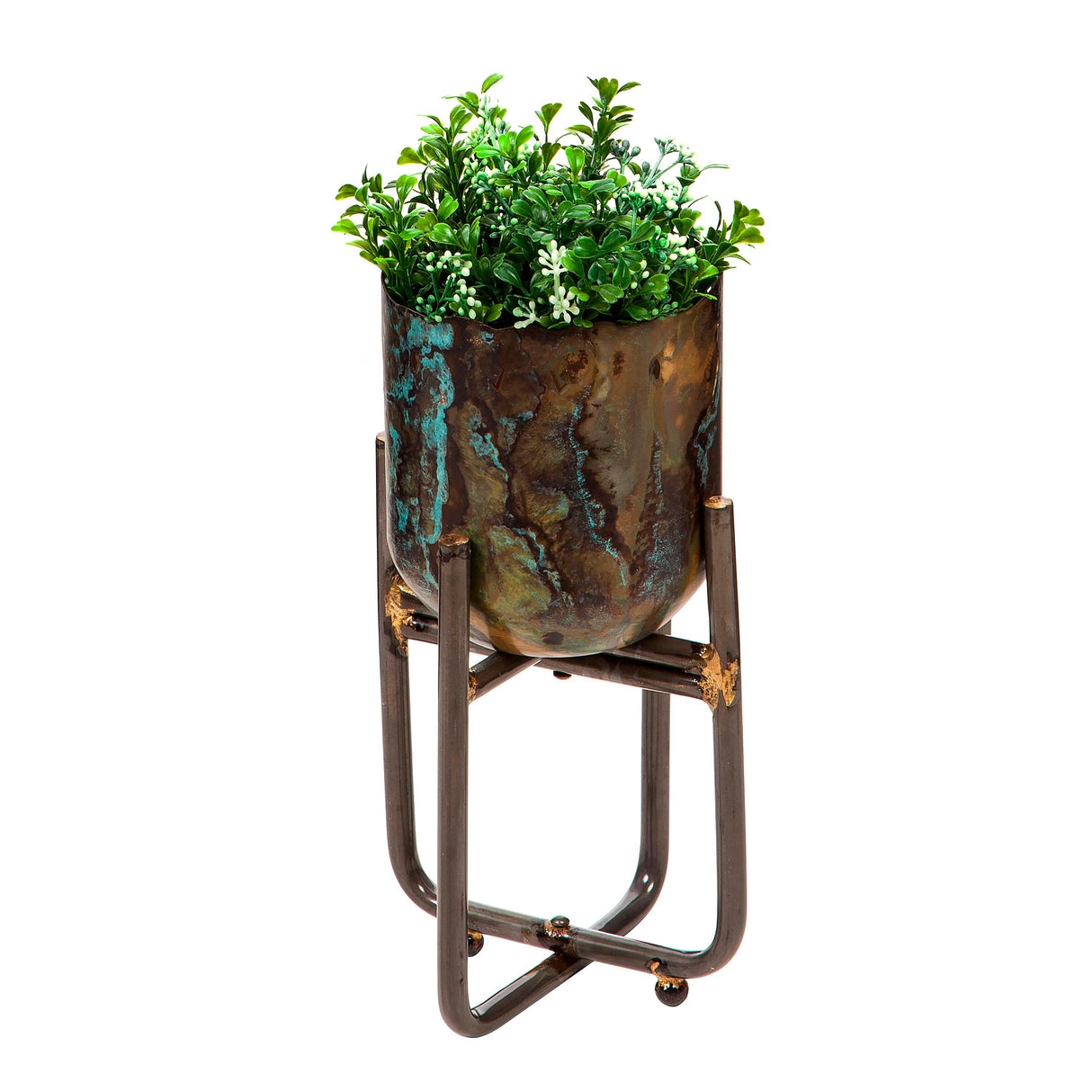 Raised Planter: Gold Weld Accents Patina Bronze Industrial Pot