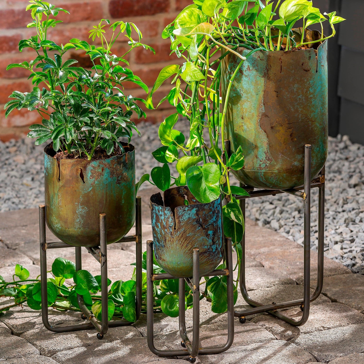 Raised Planters: Irregular Rims Tiered Verdigris Metal Pots