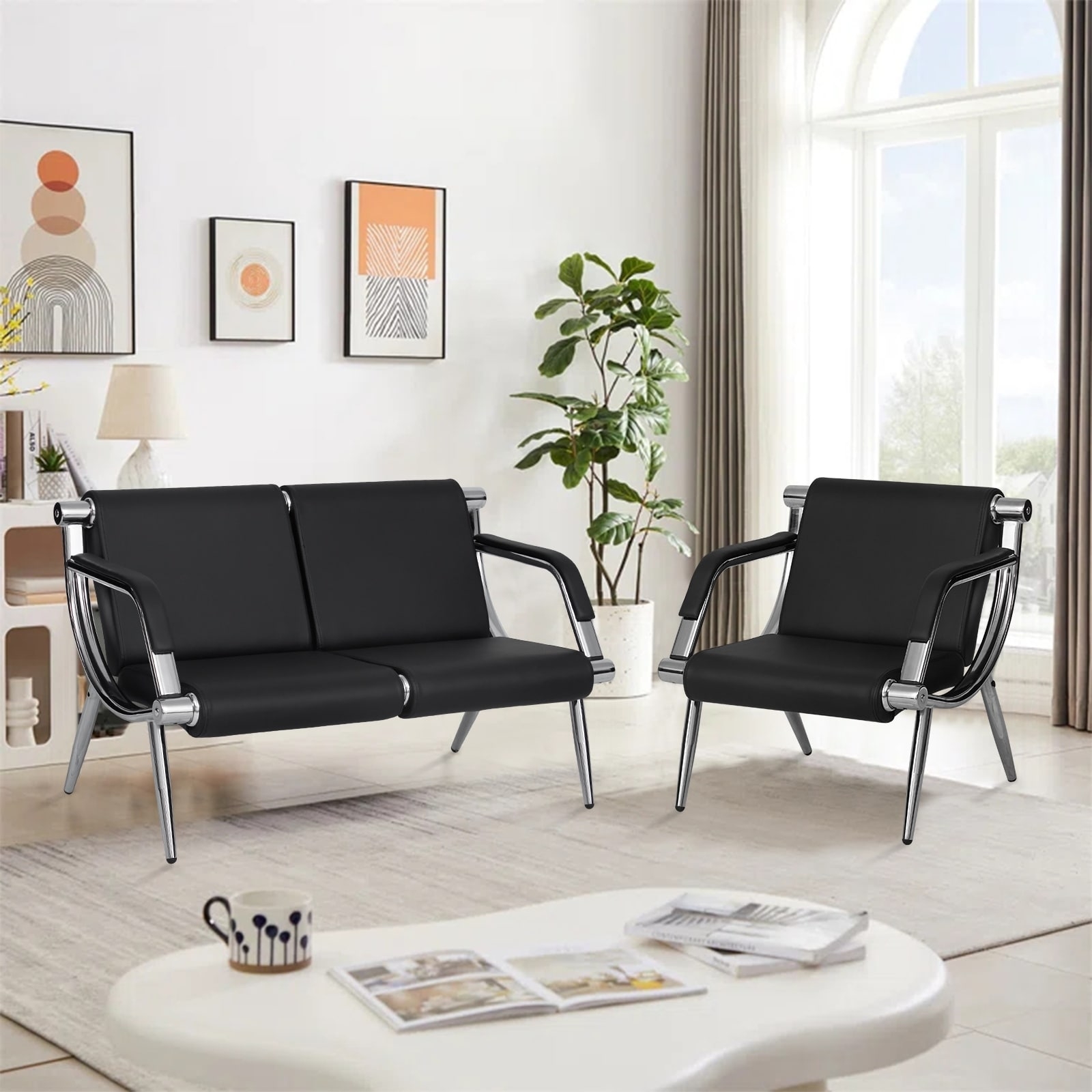 Reception Bench with Segmented Upholstery and Chrome Frame