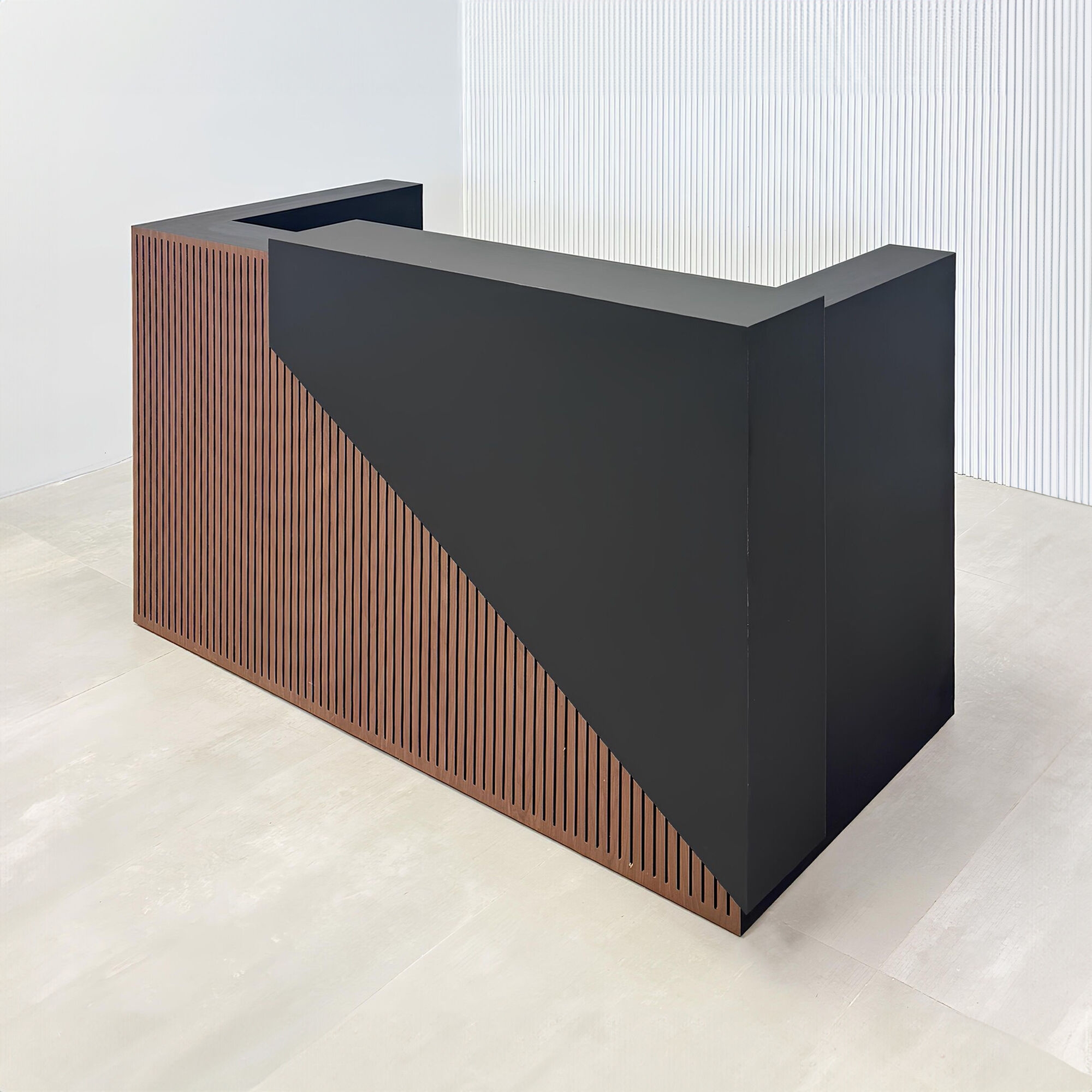 Reception Desk Featuring Diagonal Split and Black Office Style