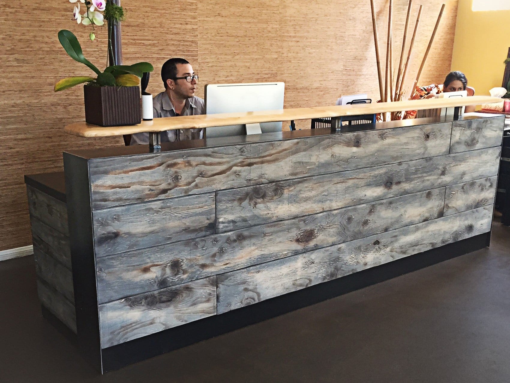 Reception Desk Finished in Weathered Grey with Live Edge Top