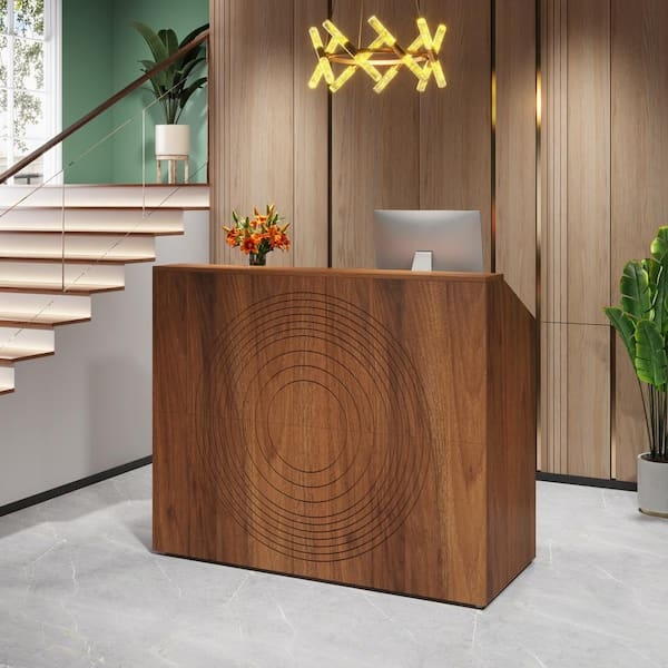 Reception Desk in Walnut Finish with Concentric Circle Design