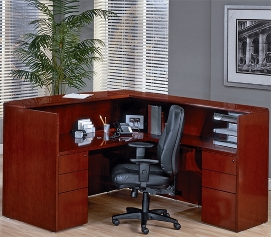 Reception Desk with Glossy Wood Veneer and L-Shaped Layout