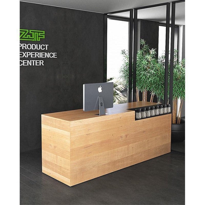 Reception Desk with Inset Display Shelf and Honey Wood