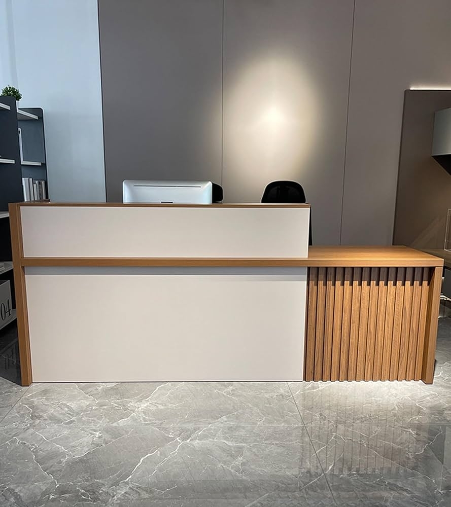 Reception Desk with Vertical Wood Slats and L-Shaped Layout