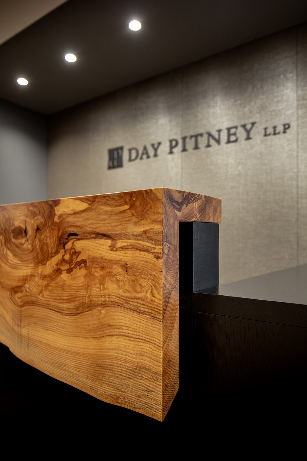 Reception Desk with Waterfall Miter Joint and Timber