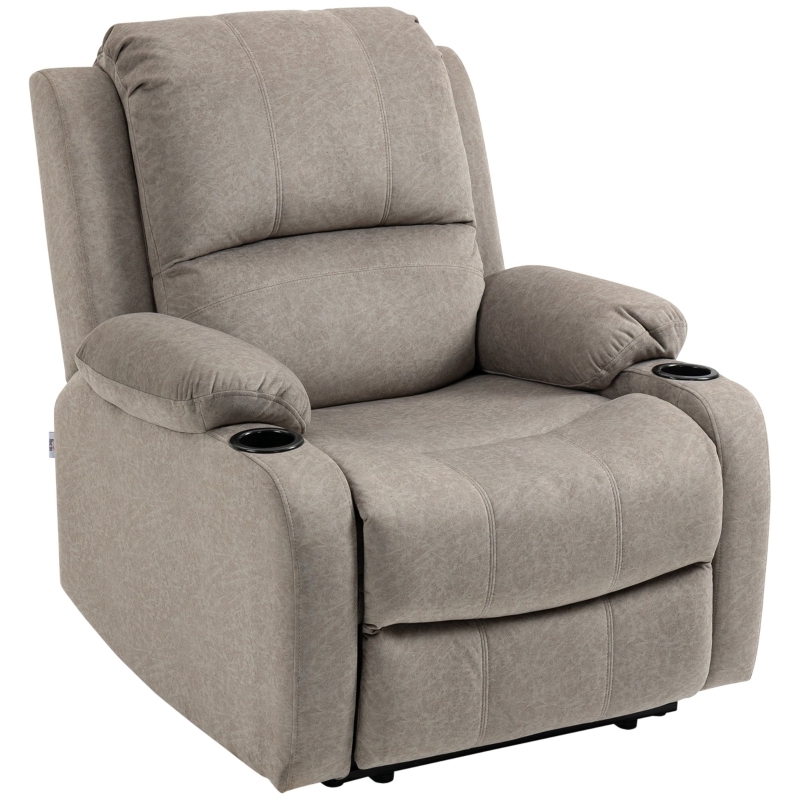 Recliner Armchair: Taupe Dual Cup Holders Microfibre Chair