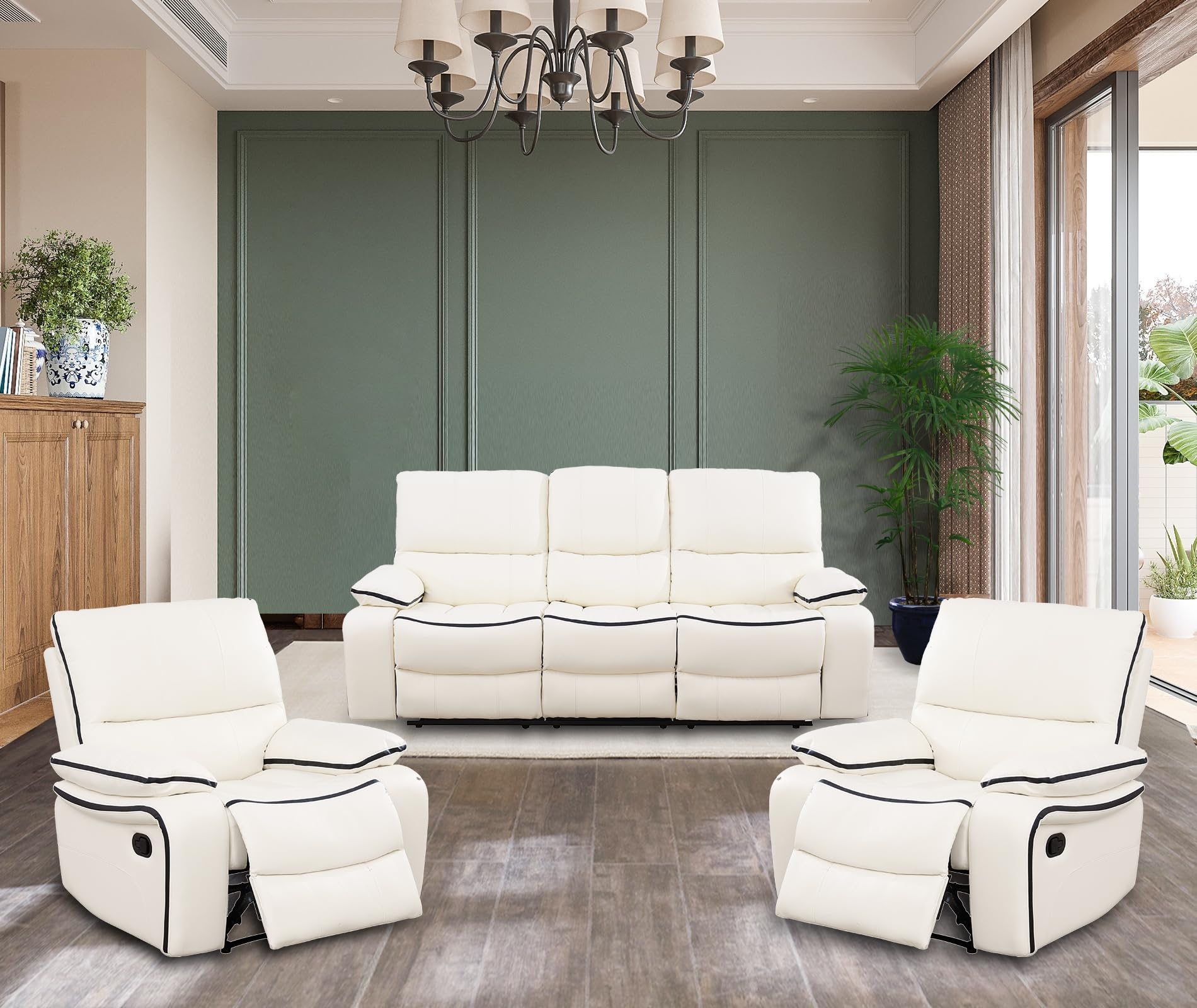 Recliner Sofa Set: Black Piping Sofa Set in Cream White
