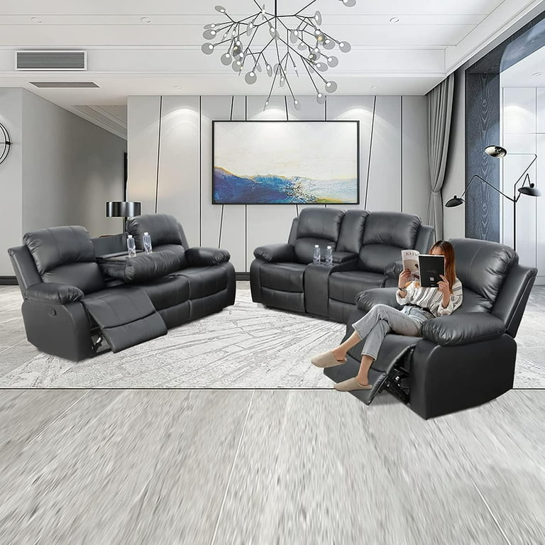 Recliner Sofa Set: Fold-Down Console Black Manual Recliner Set