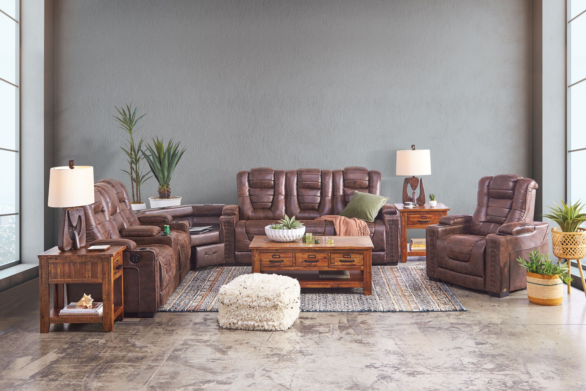 Reclining Sectional with Sculptural Lamp Bases and Tobacco Sofa