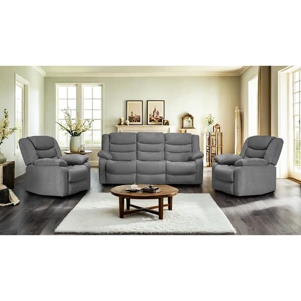 Reclining Sofa Set: Horizontal Channel Stitching Grey Sofa Set