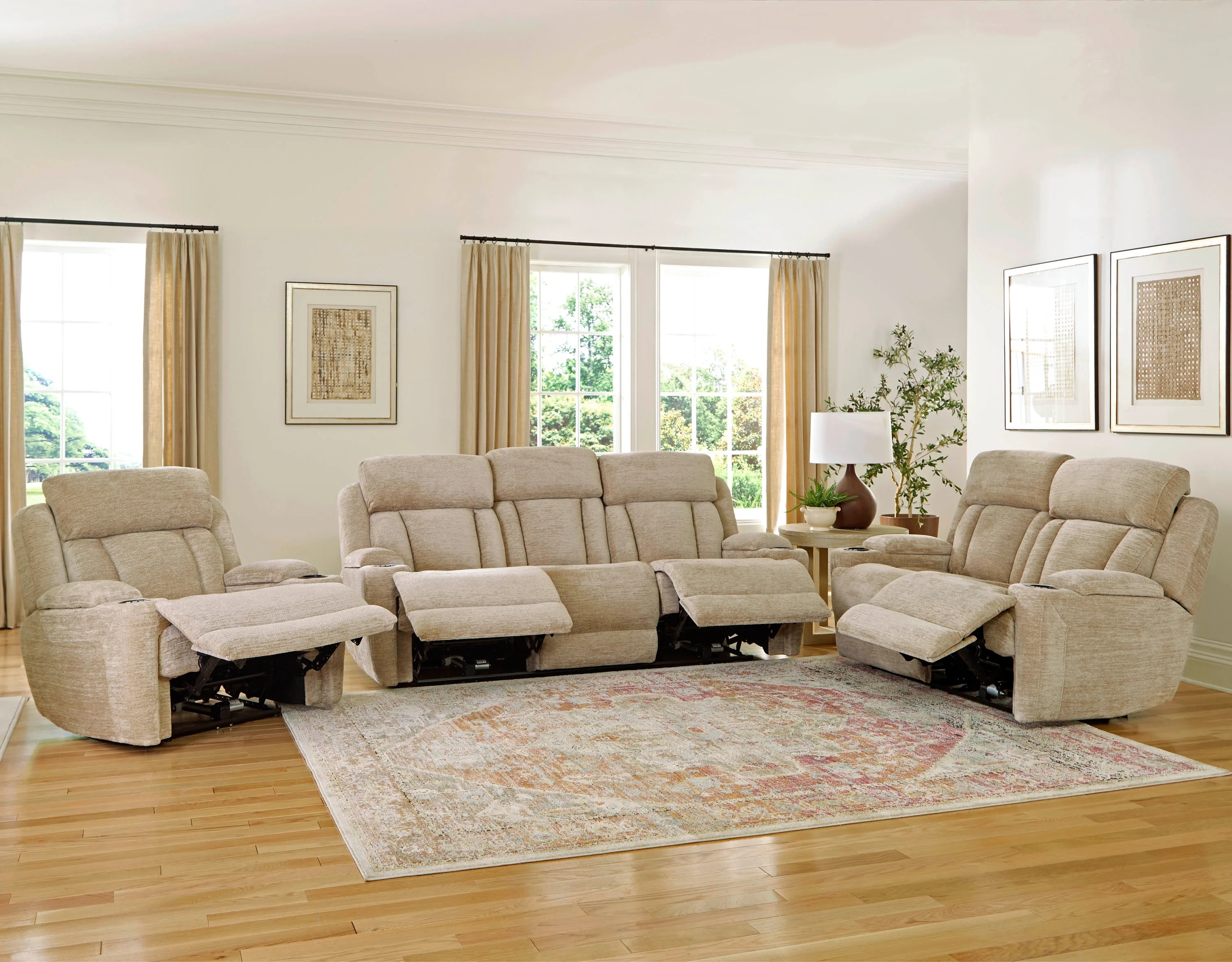 Reclining Sofa Set: Oatmeal Textured Fabric Beige Reclining Group