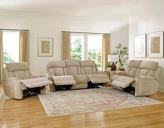 Reclining Sofa Set: Oatmeal Textured Fabric Beige Reclining Group