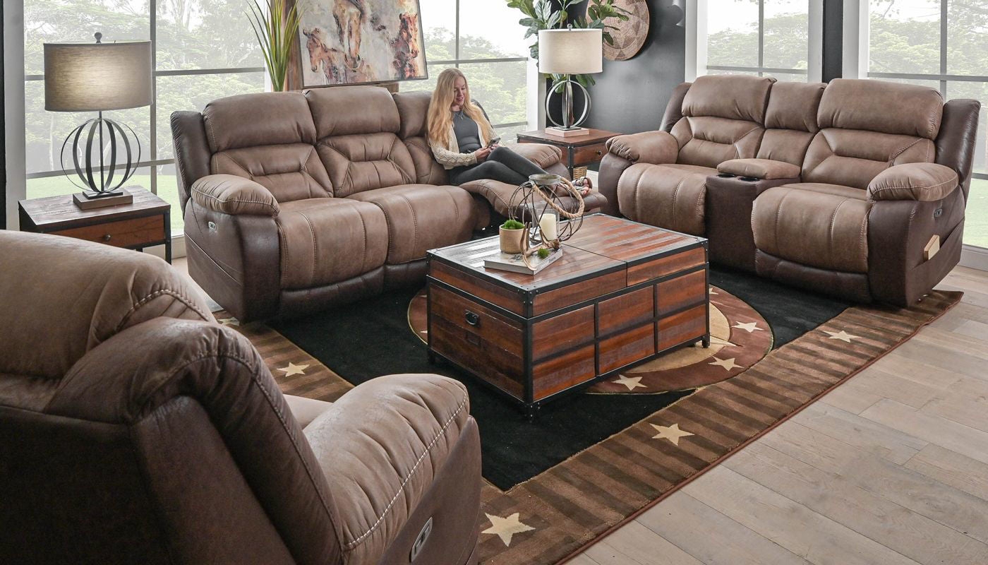 Reclining Sofa Set: Trunk Style Table Two-Tone Reclining Sofa Set