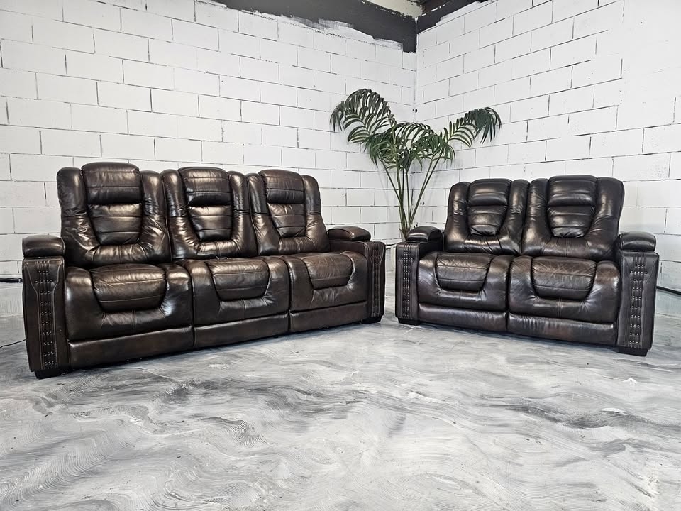 Reclining Sofa Set with Multi Panel Seating and Leather Loveseat