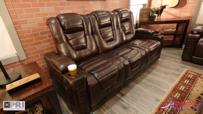 Reclining Sofa with Tiered Headrest and Rustic Cocoa Seating