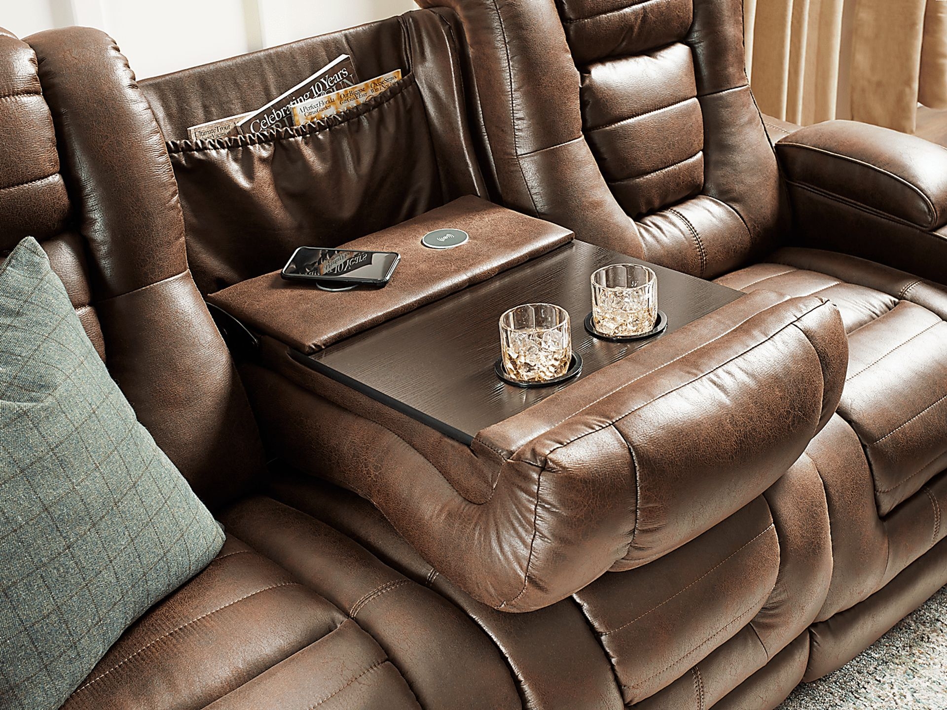 Reclining Sofa with Wireless Charging and Smart Walnut Recliner