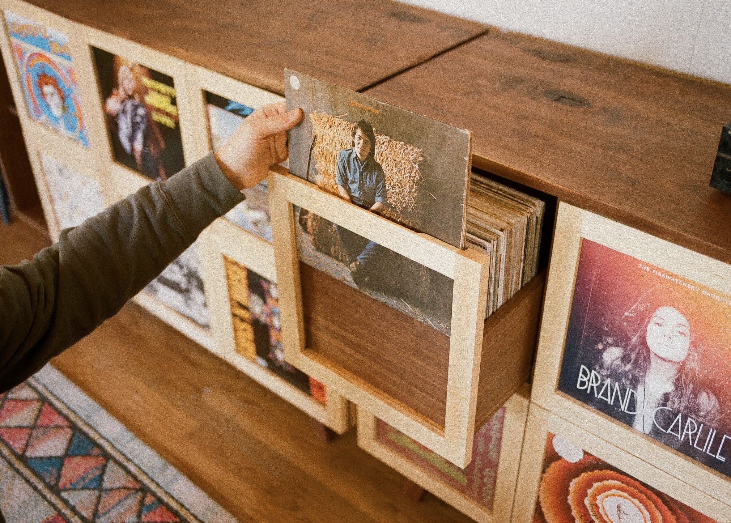 Record Cabinet with Display Frame Fronts and Two Tone Wood Drawer