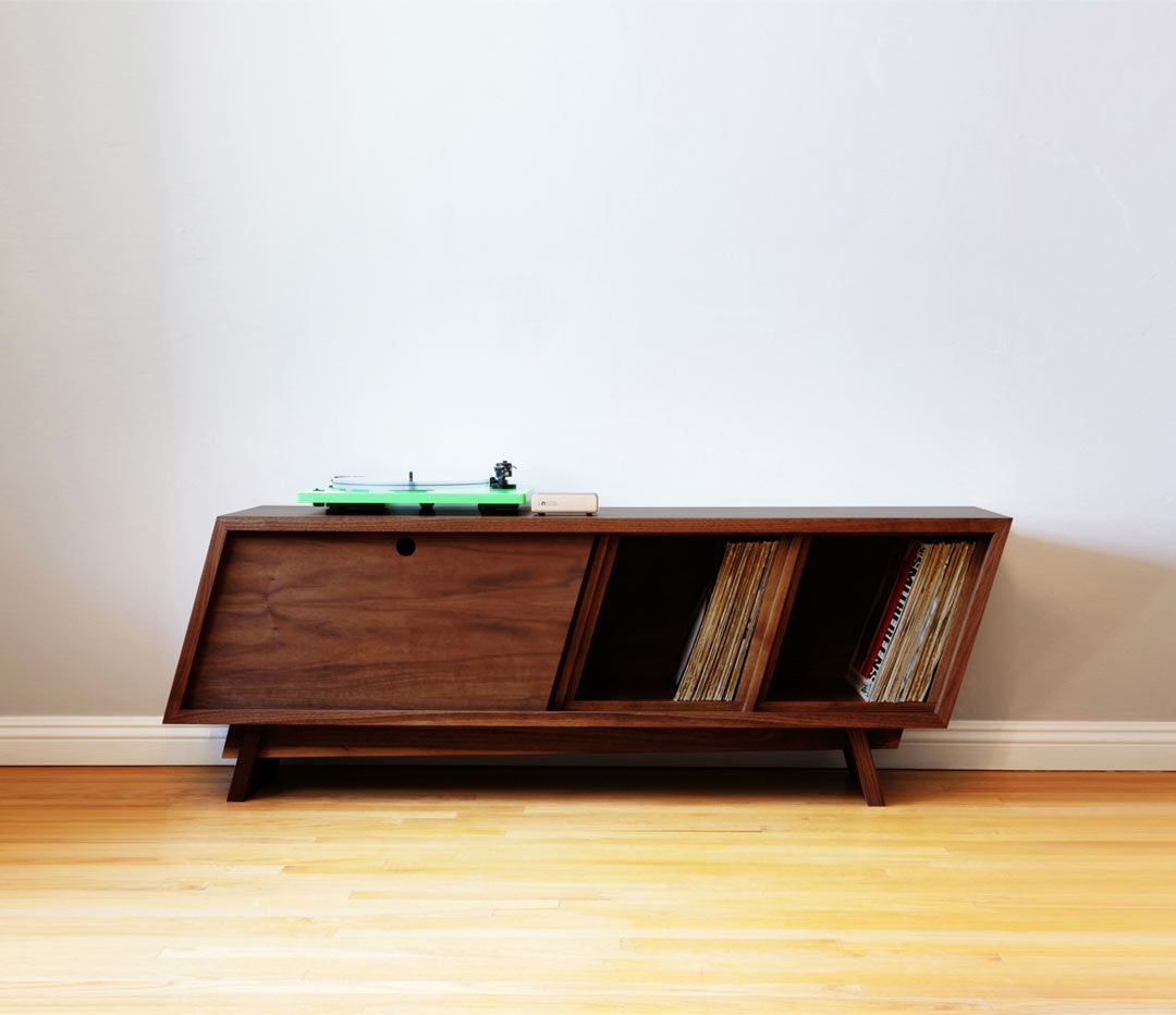 Record Console Slanted Sides Walnut Sliding Door Stand