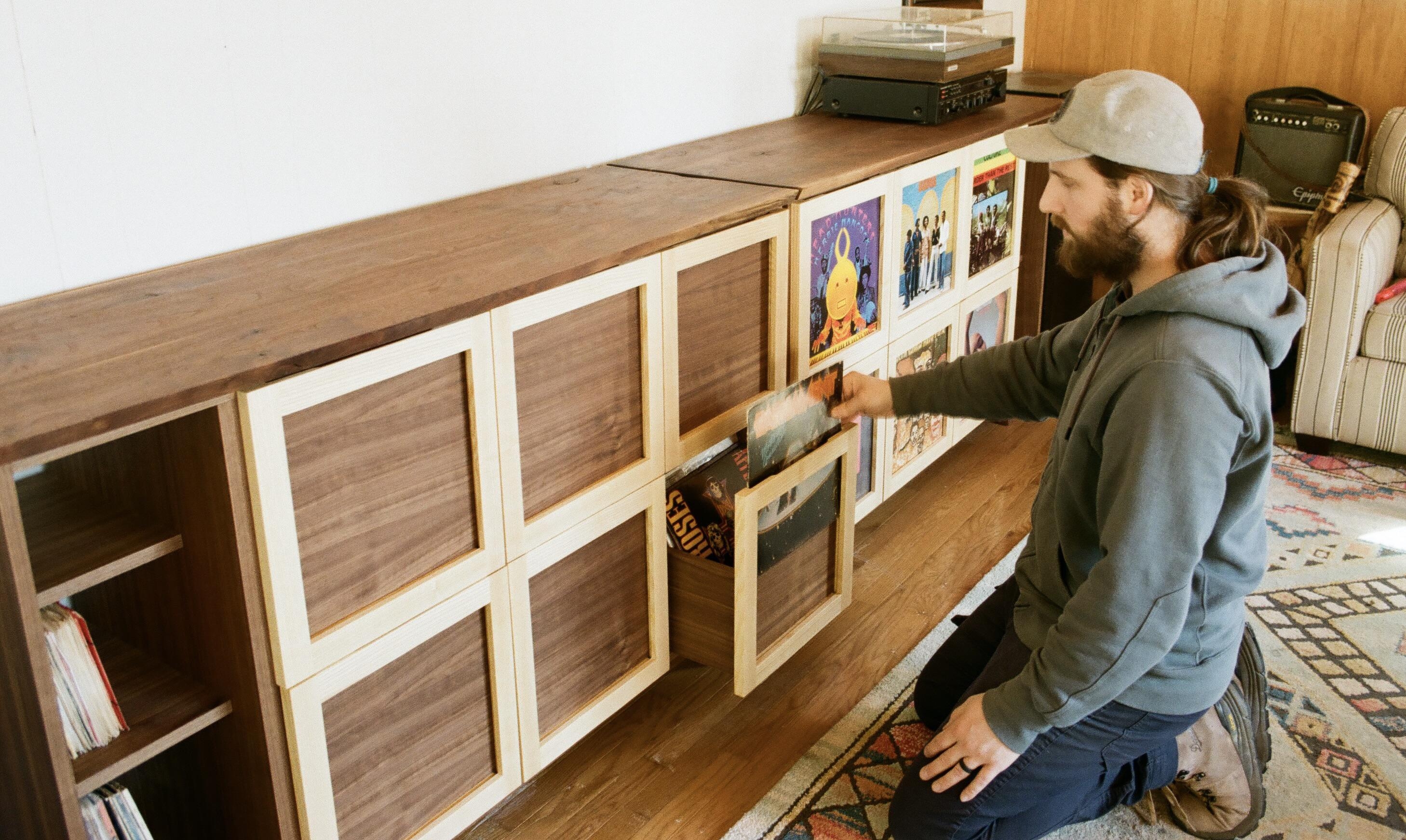 Record Credenza with Contrast Wood Frames and Handcrafted Vinyl Console