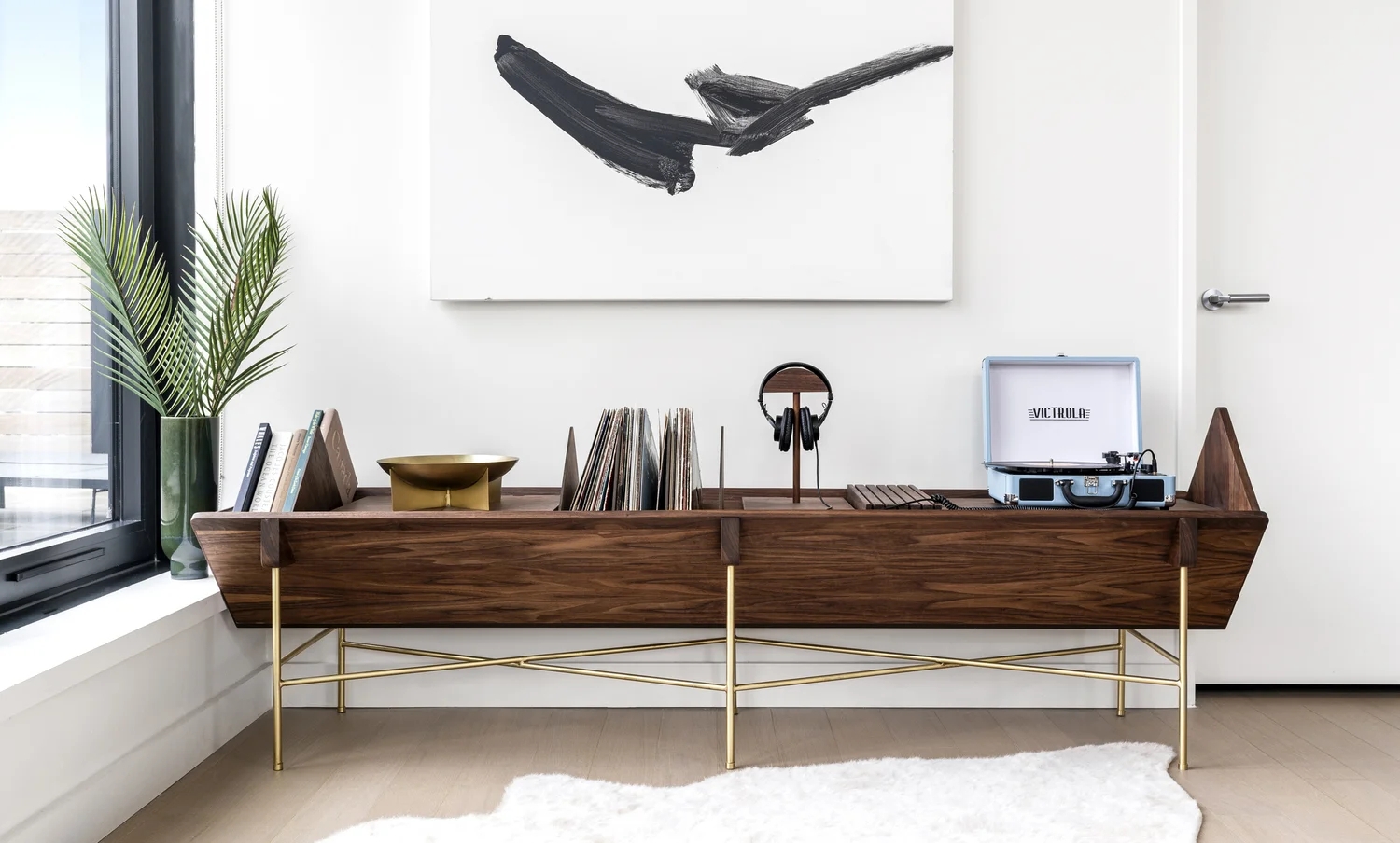 Record Credenza with Cross Braced Legs and Low Profile Music Cabinet