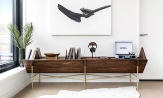 Record Credenza with Cross Braced Legs and Low Profile Music Cabinet