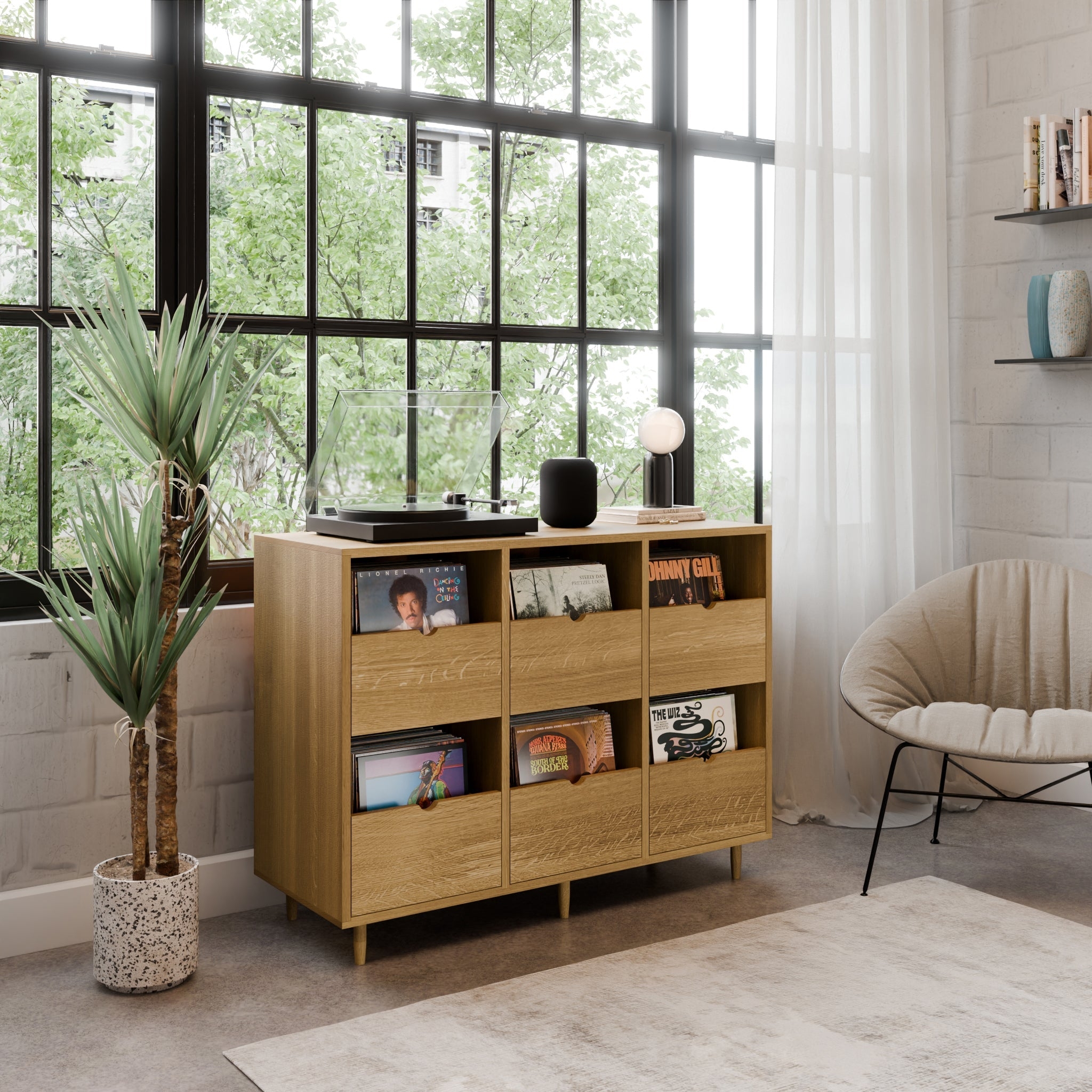 Record Credenza with Front Facing Record Bins for Vinyl Storage