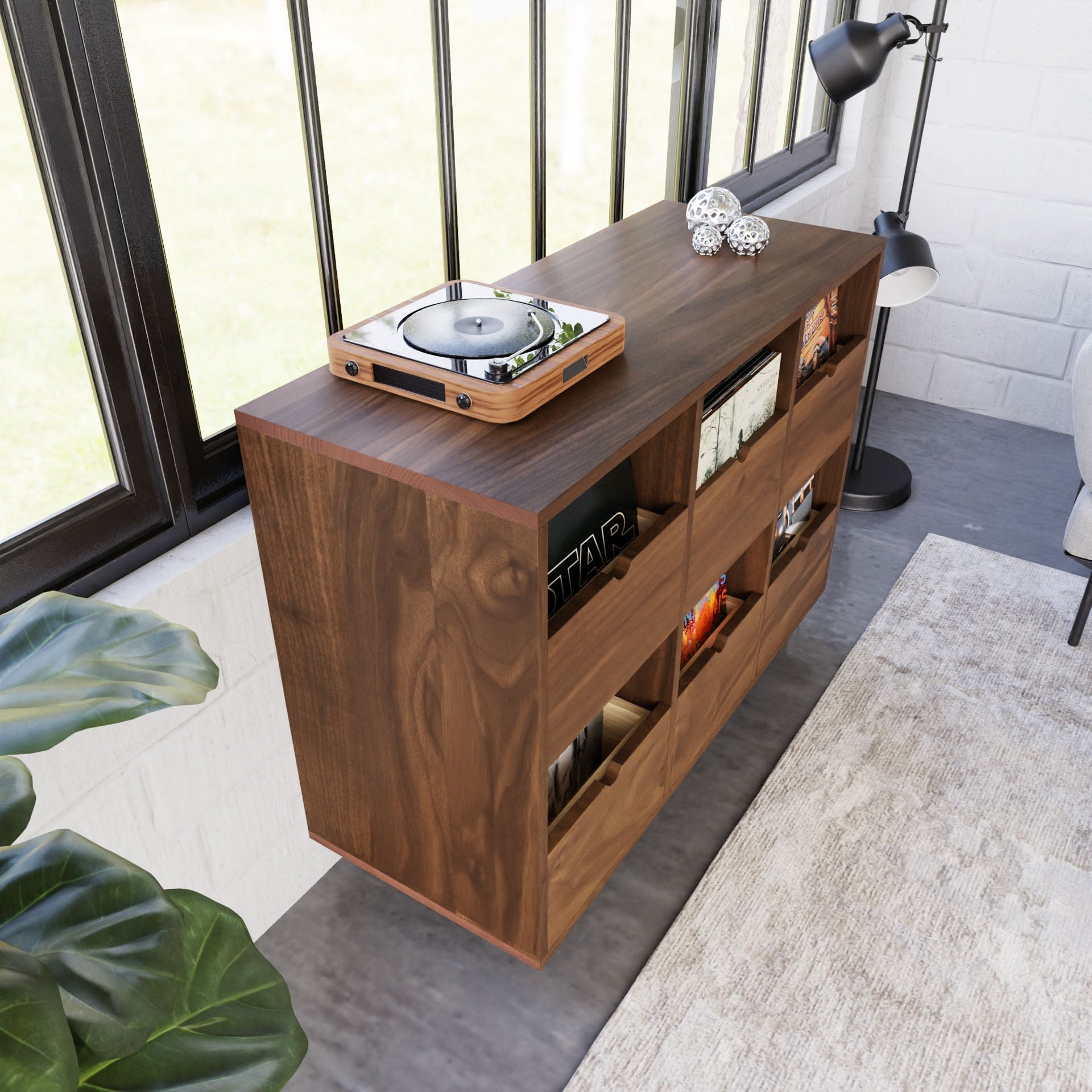 Record Credenza with Notched Pulls and Six Drawer Walnut Credenza