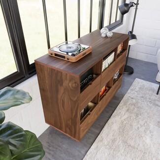 Record Credenza with Notched Pulls and Six Drawer Walnut Credenza