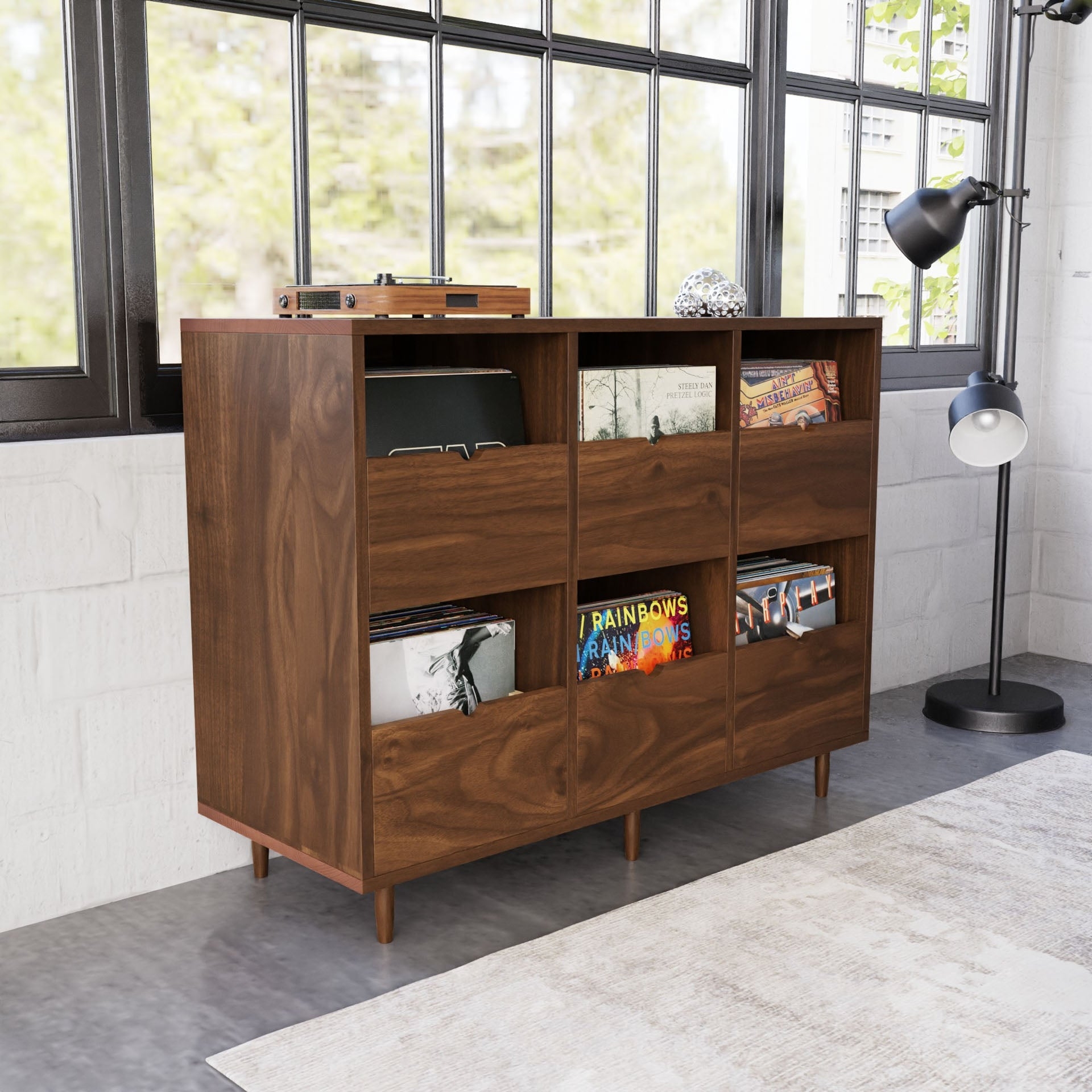 Record Credenza with Six Drawers and Six Drawer Stereo Cabinet