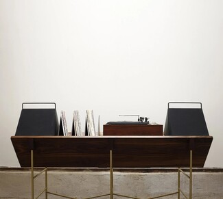 Record Credenza with Tubular Metal Frame and Minimalist Turntable Stand