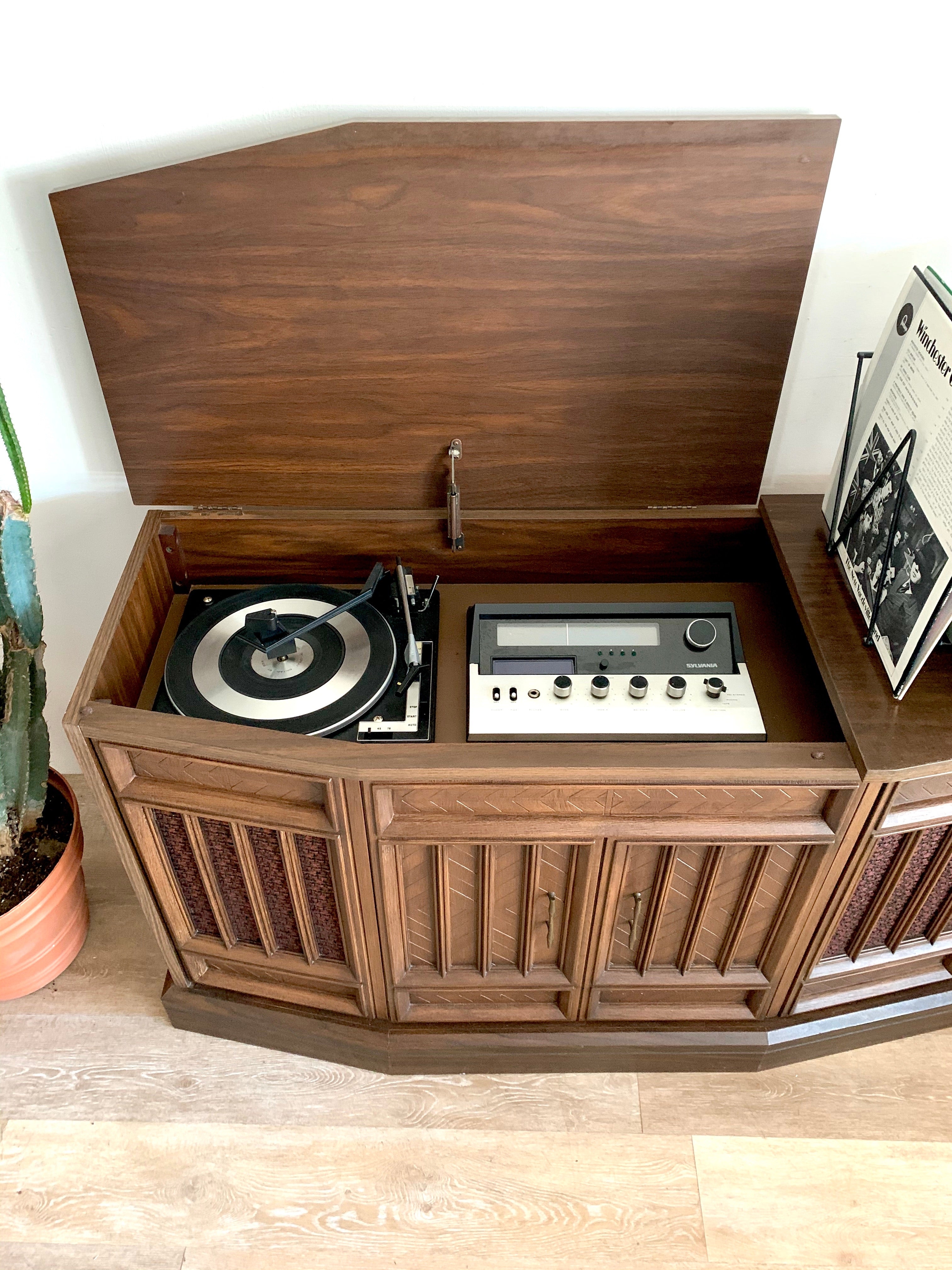 Record Player Console Hinged Lid Geometric Carved Unit