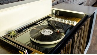 Record Player Console Vertical Wood Slats Led Lighting