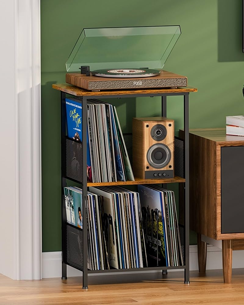 Record Player Stand Mesh Side Panels Industrial LP Rack