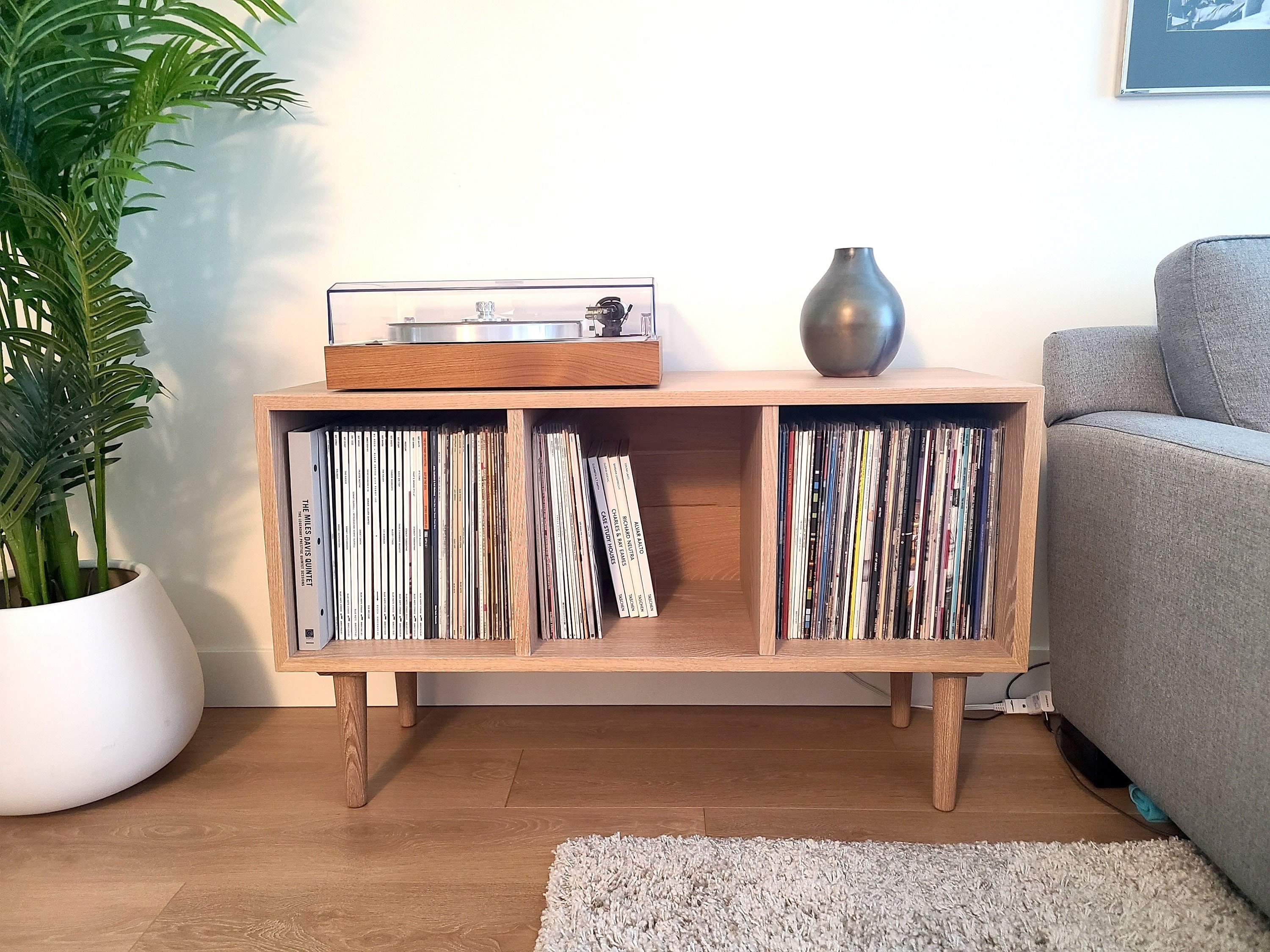 Record Player Stand Solid Oak Three Cubby Storage Stand