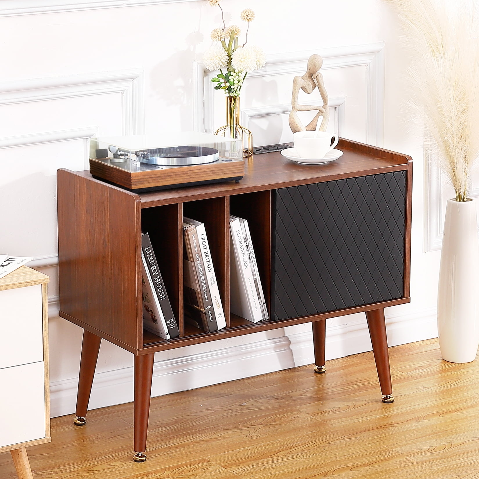 Record Player Stand Walnut Quilted Sliding Door Cabinet