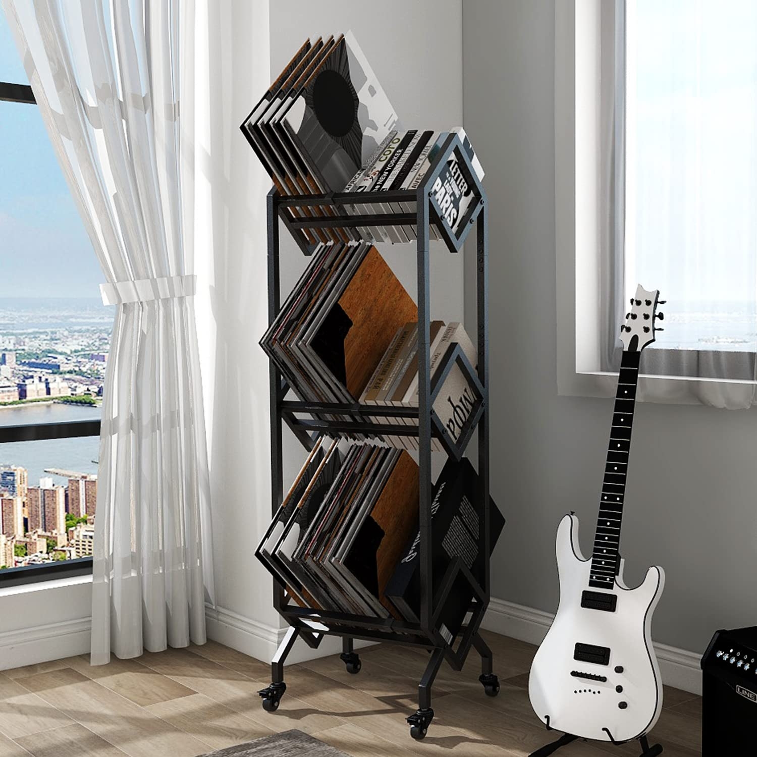 Record Rack: Locking Casters Mobile Record Shelf Wheels