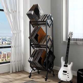 Record Rack: Locking Casters Mobile Record Shelf Wheels