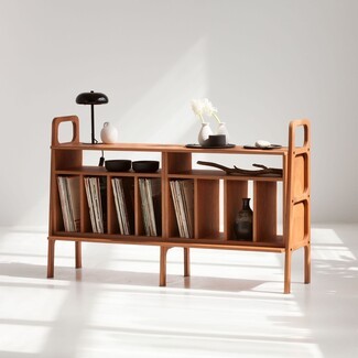 Record Storage Cabinet with Integrated Side Handles and Record Stand