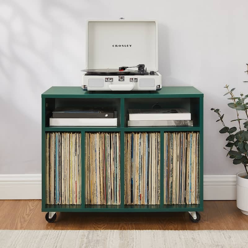 Record Storage Console Forest Green Rolling Casters