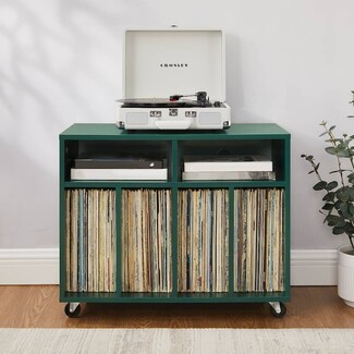 Record Storage Console Forest Green Rolling Casters