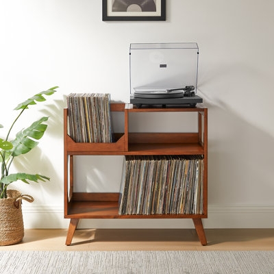 Record Storage Console Vinyl Bin Two Tier Walnut Unit