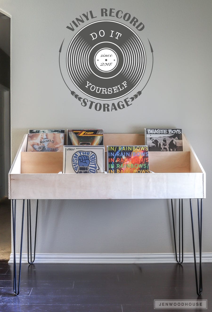 Record Storage: Tiered Light Wood Hairpin Leg Storage