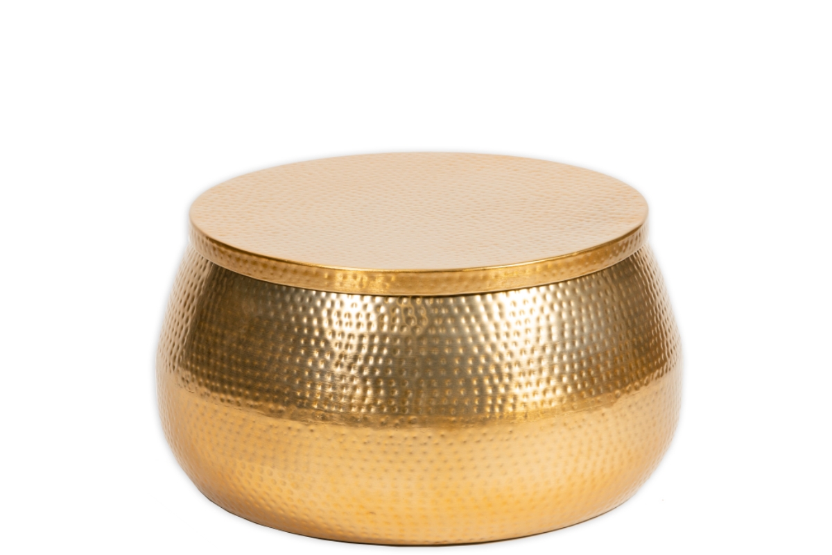 Reflective Drum Table with Hammered Gold Metallic Surface