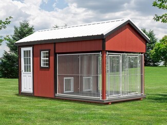 Residential Dog Kennel Barn Red Siding with Dual Runs